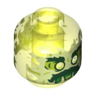 Minifig Head Ghost, with Yellowish Green Face, Bushy Eyebrows, Moustache and Flames in Back Print
