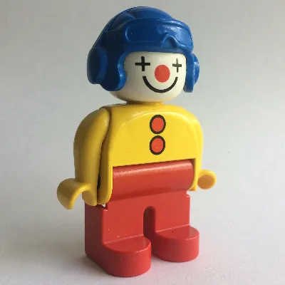 Duplo Figure, Early, Aviator Hat Blue, Red Legs, with 2 Buttons, Yellow Arms, Clown Face Paint