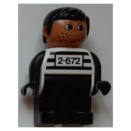 Duplo Figure, Early, with Short Parted Hair Black, Black Legs, Black Arms, Black Stripes and '2-672' Print (Criminal)