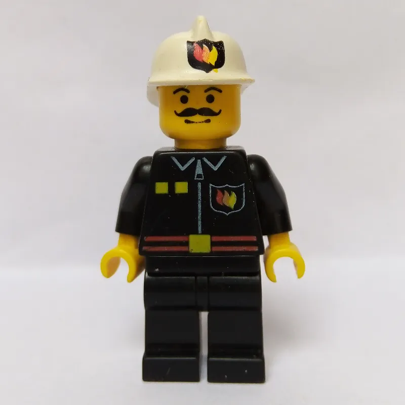 Fireman, Black Fire Jacket with Red Belt and Badge, White Helmet with Fire Logo, Moustache