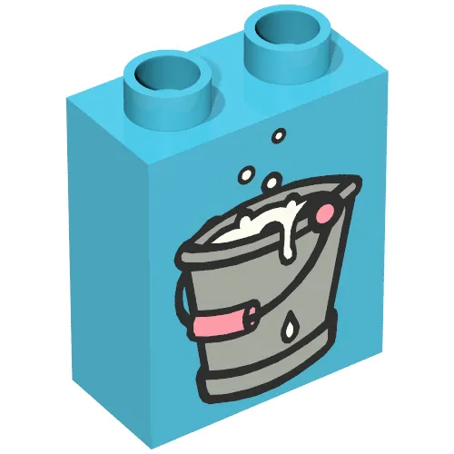 Duplo Brick 1 x 2 x 2, with Gray Bucket with Pink Handle, Full of Water Print