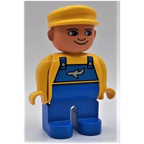 Duplo Figure, Early, with Flat Cap Yellow, Blue Legs, Blue Overalls with Airplane Print