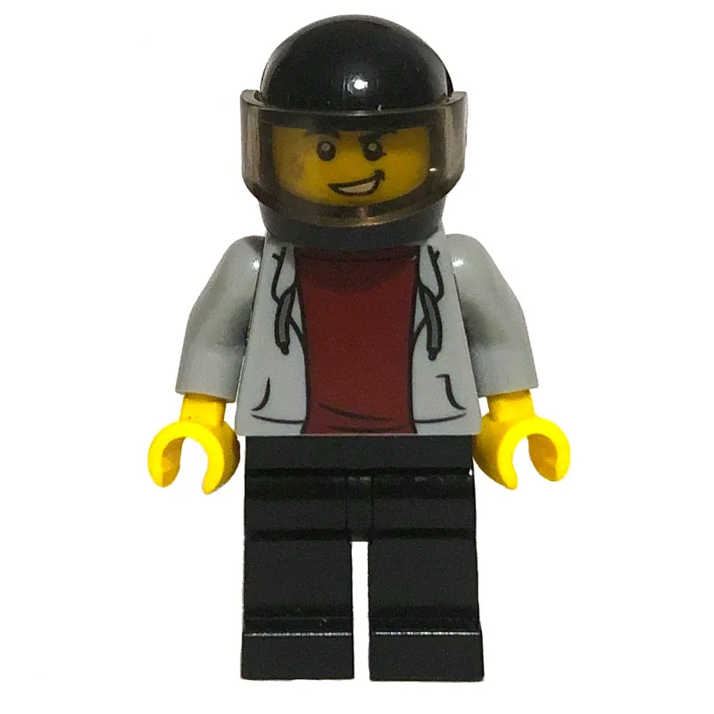 Man, Light Bluish Gray Hoodie over Dark Red Shirt, Black Legs, Black Helmet with Visor