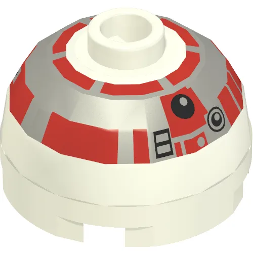 Brick Round 2 x 2 Dome Top, Blocked Open Stud, Bottom Axle Holder with Silver and Red Astromech Droid Print (R5-D4)