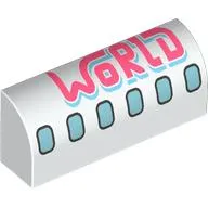 Brick Curved 1 x 4 x 1 1/3 No Studs with Airplane Windows, Coral 'WORLD' print