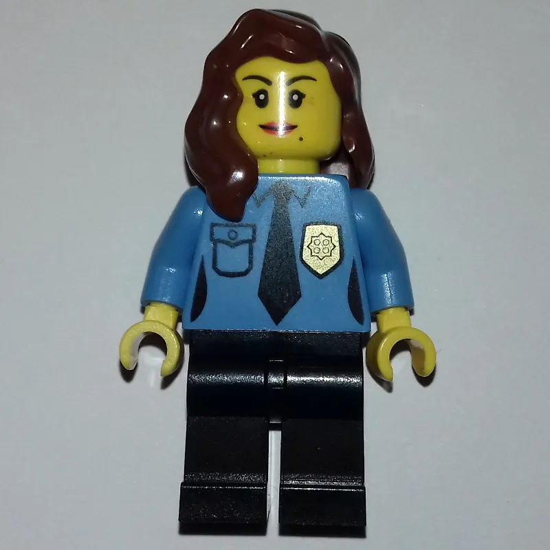 Policewoman, Medium Blue Shirt with Tie and Badge, Black Legs, Reddish Brown Hair