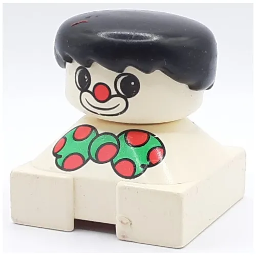 Duplo 2 x 2 x 2 Figure Brick, Spiky Bangs, Black Hair, Clown Make-up, Green Bow Tie with Red Dots, Red Nose Print