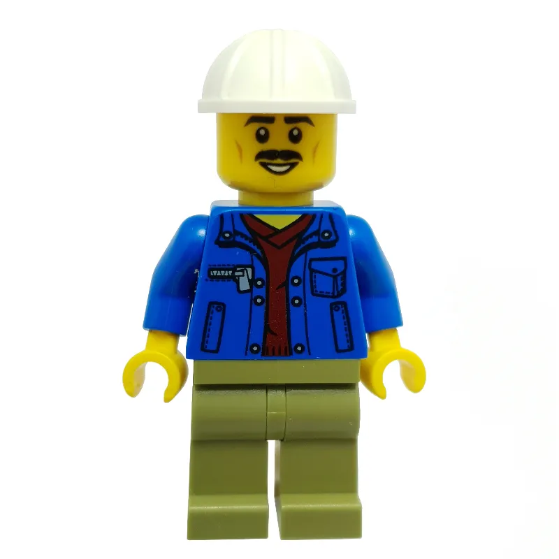 Construction Worker, Blue Jacket, Olive Green Legs, White Hard Hat, Moustache