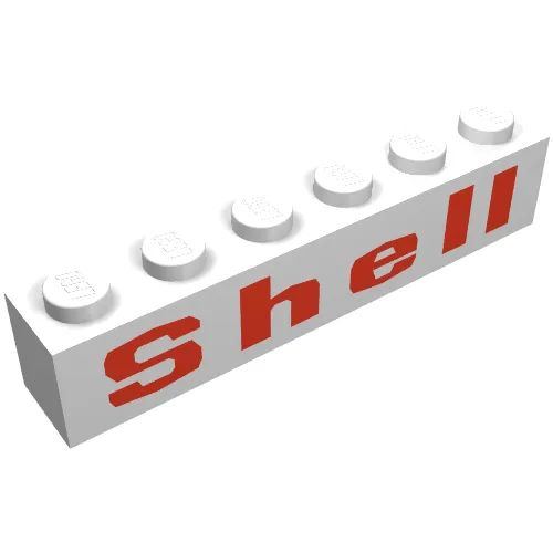 Brick 1 x 6 with 'Shell' Squared 'e', Red Print