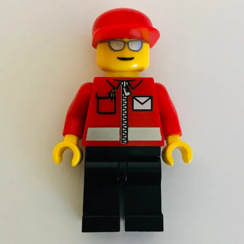 Postal Worker, Red Jacket with Zipper and Letter Logo, Black Legs, Red Cap, Silver Sunglasses