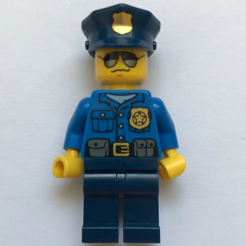 Policeman, Blue Shirt with Badge and Pouches, Dark Blue Legs, Dark Blue Police Hat with Badge, Sunglasses