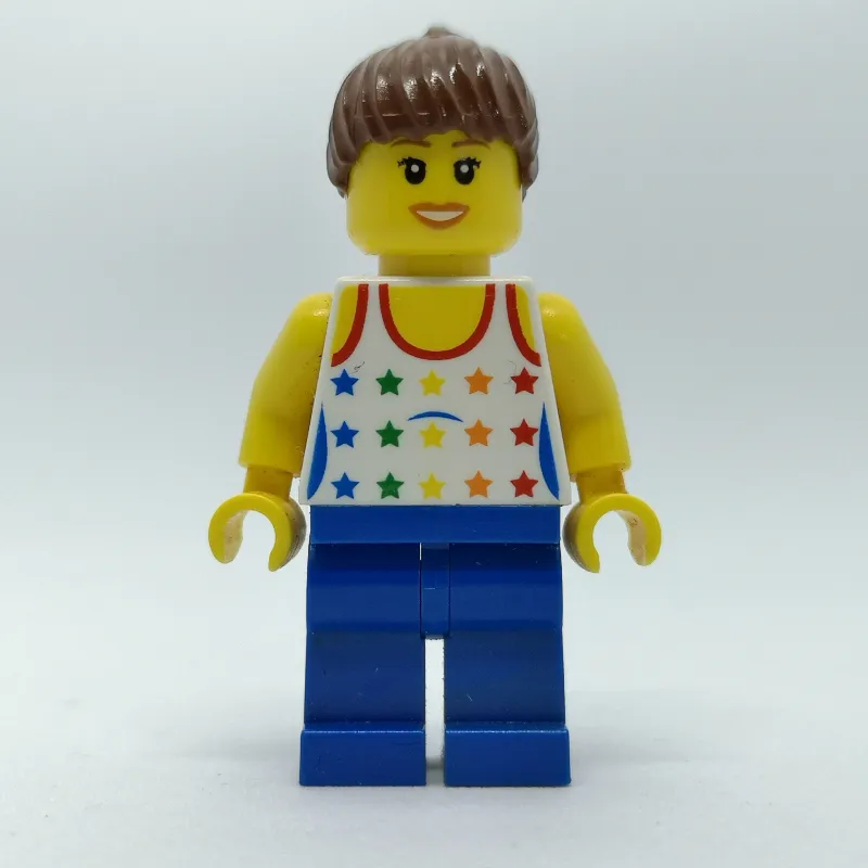 Woman, White Vest with Stars, Blue Legs, Reddish Brown Hair