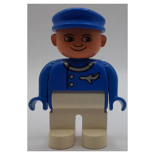 Duplo Figure, Early, with Flat Cap Blue, White Legs, Jacket with Airplane Print
