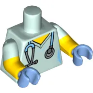 Torso, Dual Molded Arms, Hospital Scrubs with Medium Blue Stethoscope Print, Light Aqua Sleeves Pattern, Yellow Arms, Medium Blue Hands