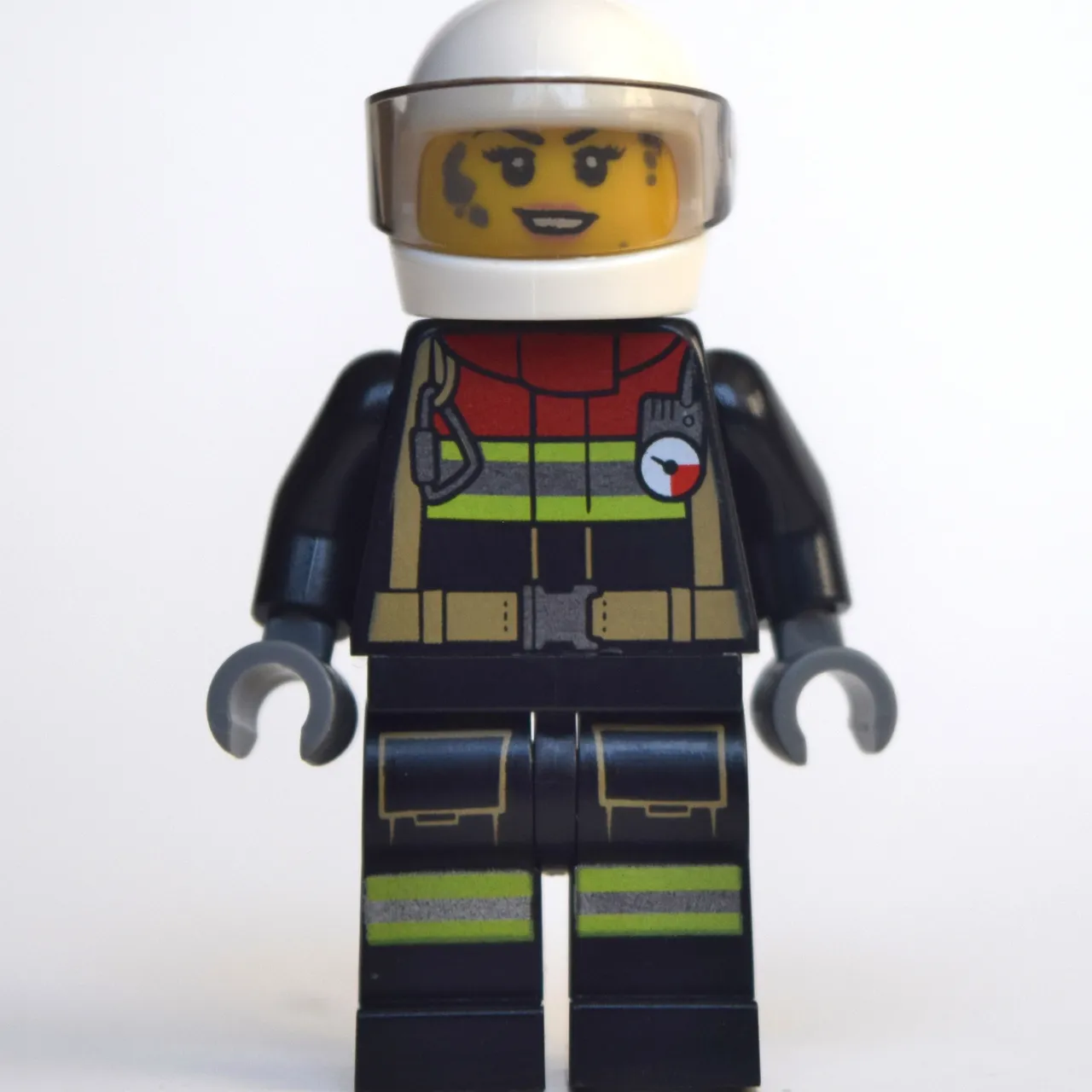 Firewoman, Firesuit with Straps and Gauge, White Helmet with Visor, Dirty Face