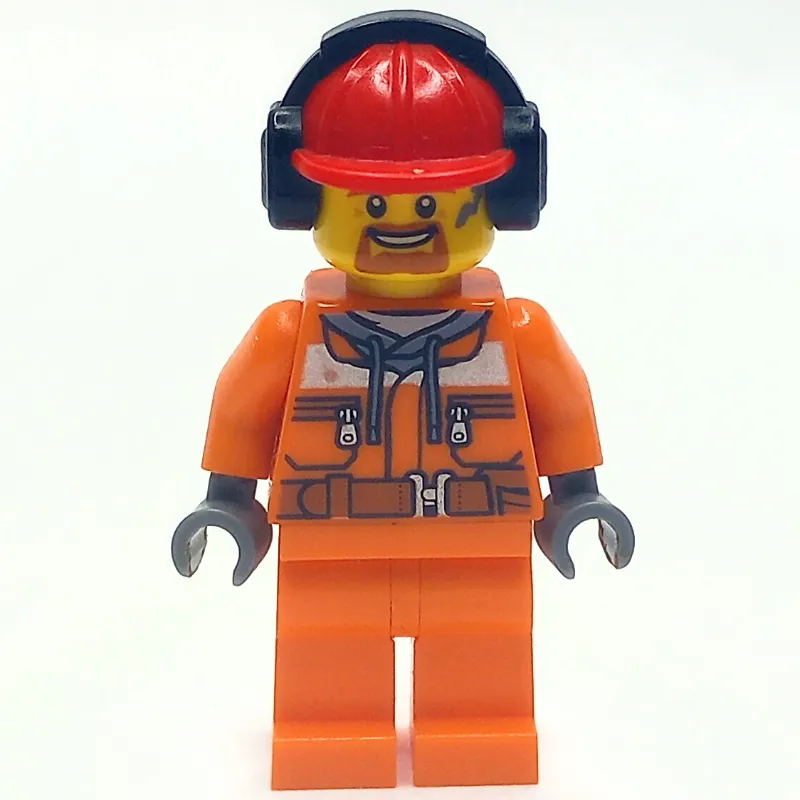 Construction Worker, Safety Jacket over Hoodie with Belt, Orange Legs, Red Hard Hat with Ear Defenders, Goatee Beard