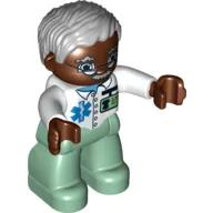 Duplo Figure with Parted Wavy Hair Gray, with Glasses on Dark Brown Face (Doctor)