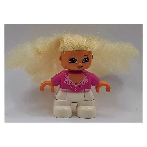 Duplo Figure with Soft Hair White, White Legs, Ornate Bright Pink Collar Print