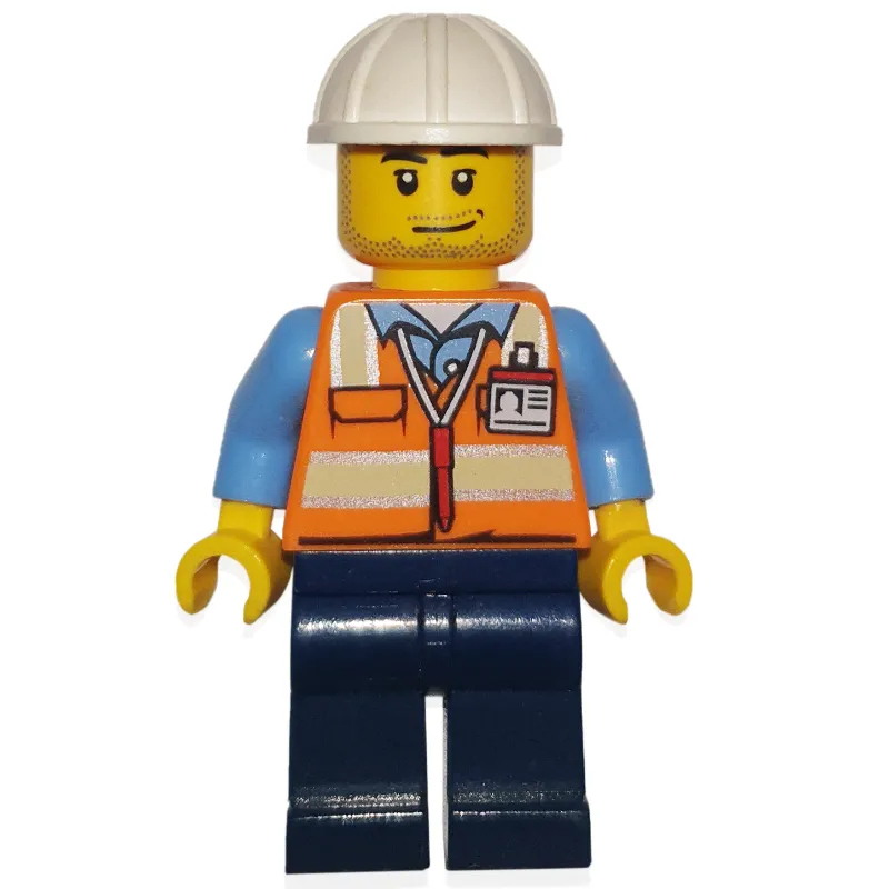 Ground Crew, Orange Safety Vest, Dark Blue Legs, White Hard Hat, Stubble