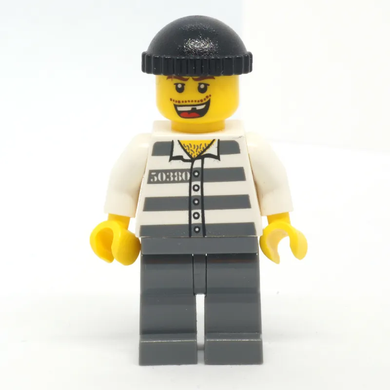 Criminal, Prison Shirt with #50380, Dark Bluish Gray Legs, Black Hat, Missing Tooth