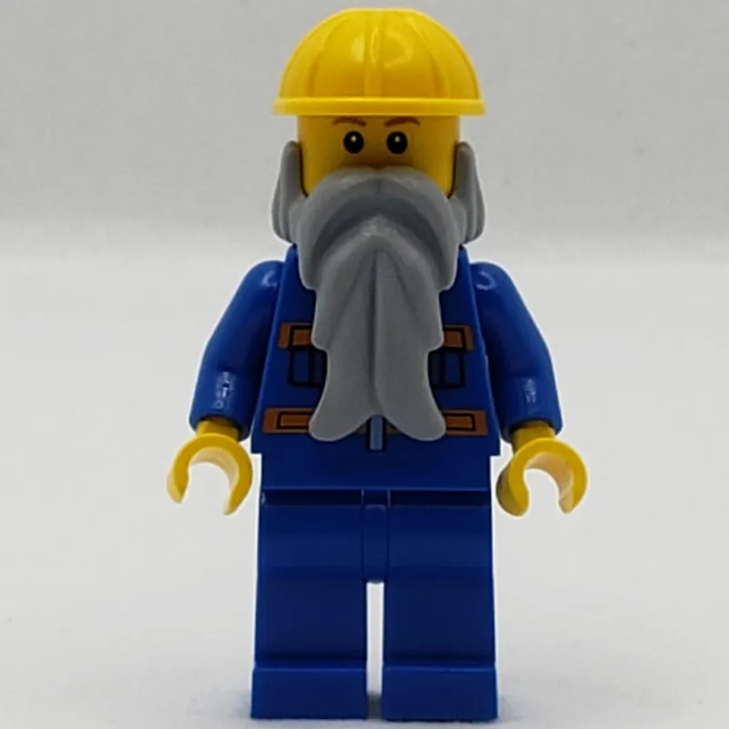Man, Blue Jacket with Orange Stripes, Blue Legs, Yellow Hard Hat, Light Bluish Gray Beard, Reddish Brown Eyebrows