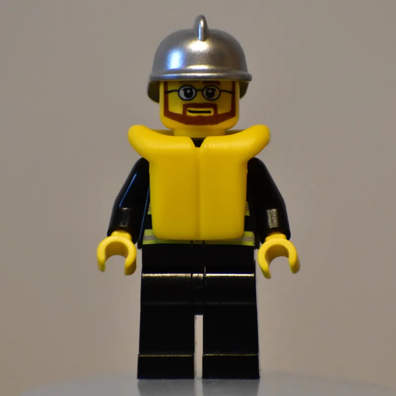 Fireman, Black Fire Jacket with Reflective Stripes, Radio, and Badge, Silver Helmet, Yellow Life Vest 2610, Beard and Glasses