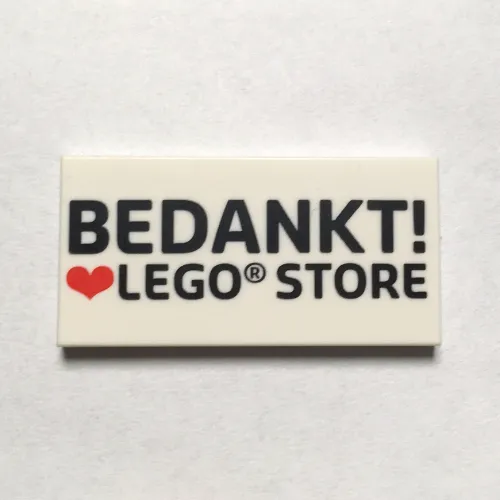 Tile 2 x 4 with 'BEDANKT! heart LEGO STORE' print
