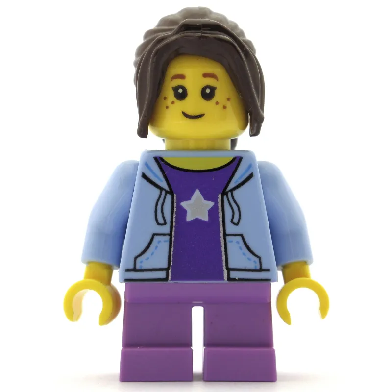 Girl, Open Bright Light Blue Hoodie over Dark Purple Shirt with Star, Short Medium Lavender Legs, Dark Brown Hair