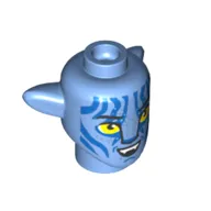 Minifig Head Special Alien Na'vi with Yellow Eyes, Blue Markings, Open Mouth Smile, Teeth print