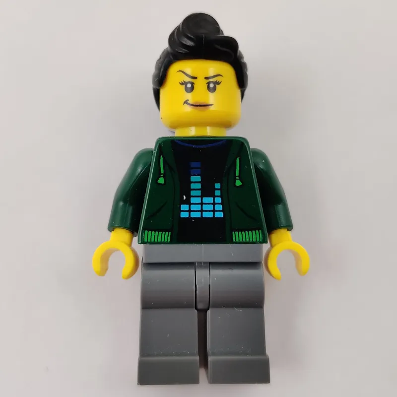 Woman, Open Dark Green Hoodie, Black Hair