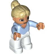 Duplo Figure with Ponytail Tan, with Bright Light Blue Top with Ruffle V-Collar - White Legs
