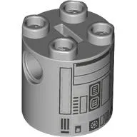 Brick Round 2 x 2 x 2 Robot Body, Axle Holder '+' Orientation with Silver Astromech Droid Print (R2-BHD)