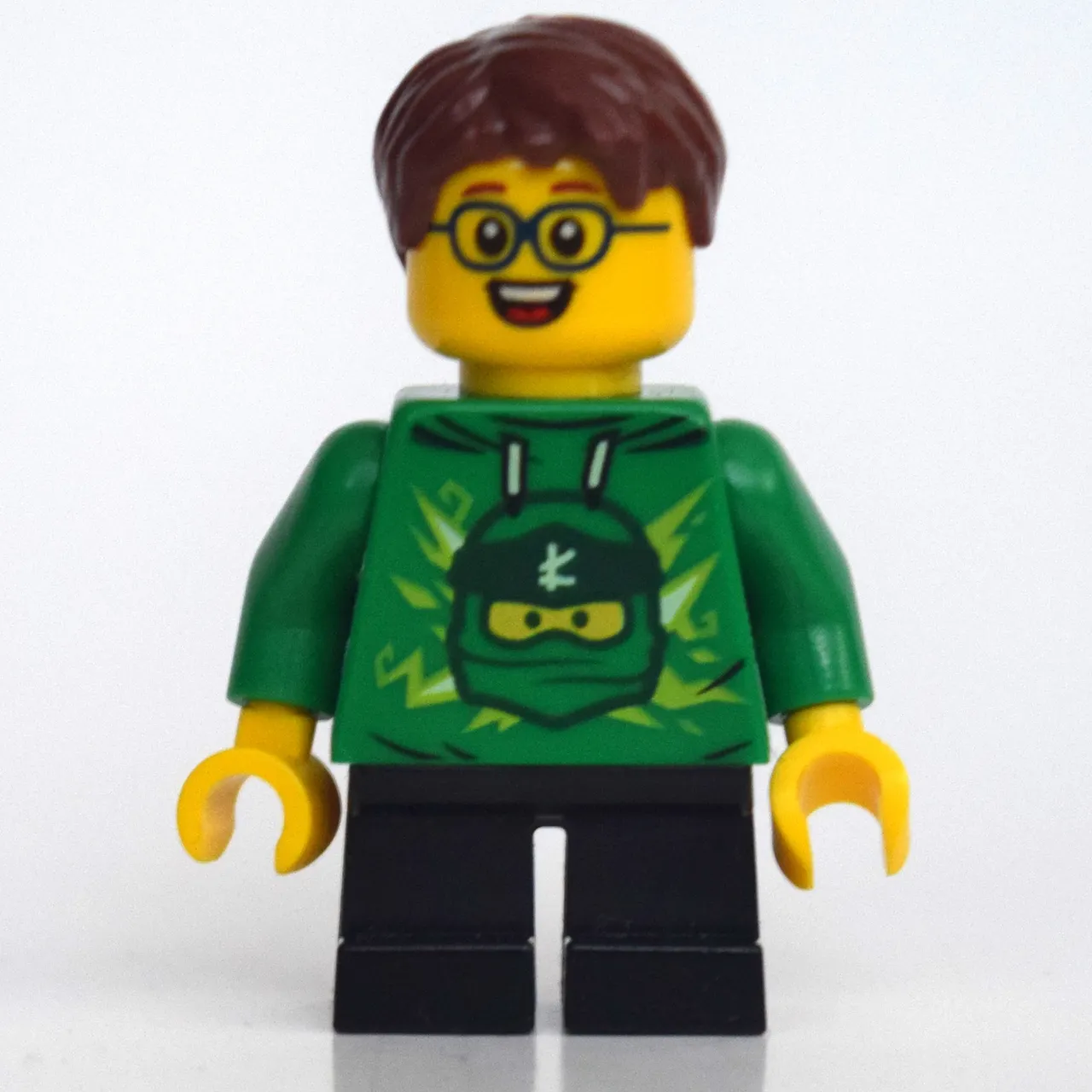 Boy, Green Ninjago Hoodie, Short Black Legs, Reddish Brown Hair, Glasses