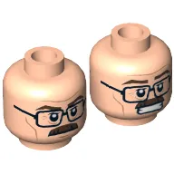 Minifig Head Commissioner James Gordon, Dual Sided Glasses, Brown Moustache, Wrinkles, Mouth Closed / Bared Teeth Print [Hollow Stud]