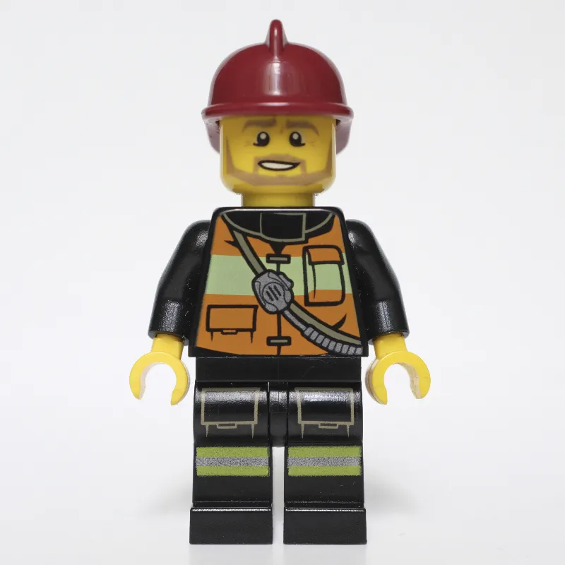 Fireman, Orange Safety Vest with Radio, Dark Red Helmet, Beard