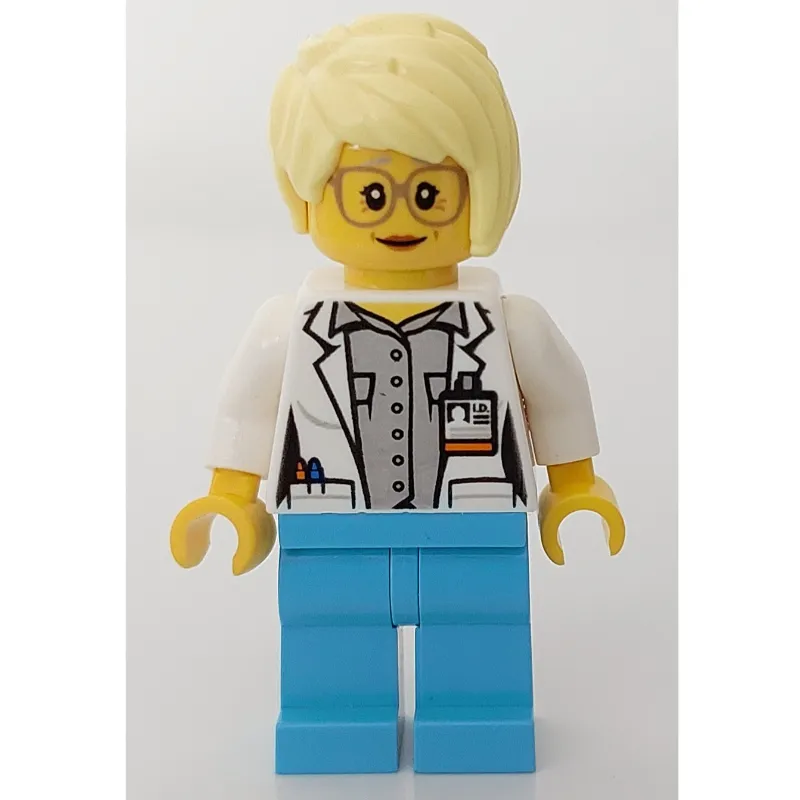 Doctor, Woman, Open White Jacket over Light Bluish Gray Shirt with Pockets and ID Badge, Bright Light Yellow Hair, Glasses