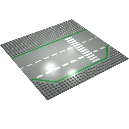 Baseplate 32 x 32 Wide Road, 9-Stud with 3 Lane with Green Lines, White Dashed Lines, and Crosswalk Print