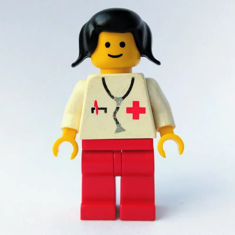 Doctor, Woman, White Torso with Stethoscope and Red Cross, Red Legs, Black Hair (3626a Head)
