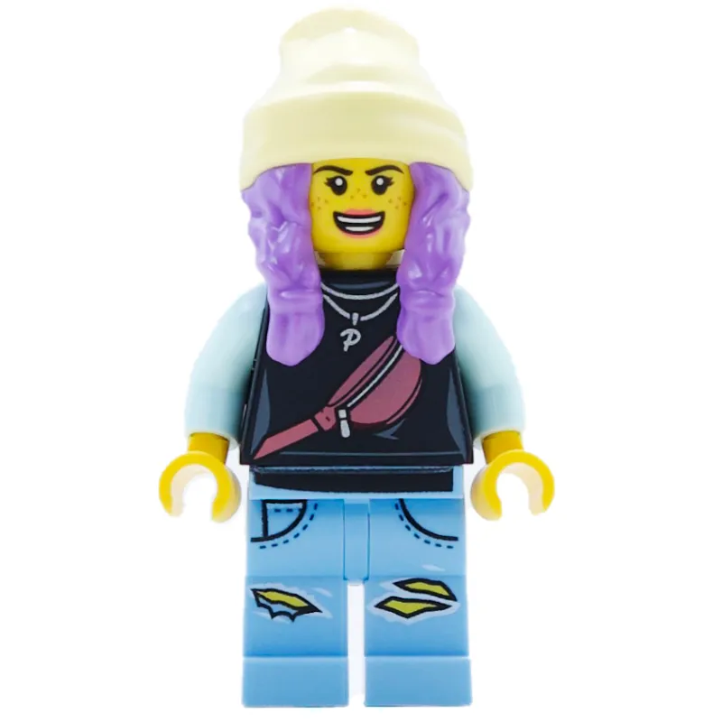 Parker L. Jackson, Black Top, Bright Light Yellow Beanie Hat, Medium Lavender Hair, Scared / Open Mouth
