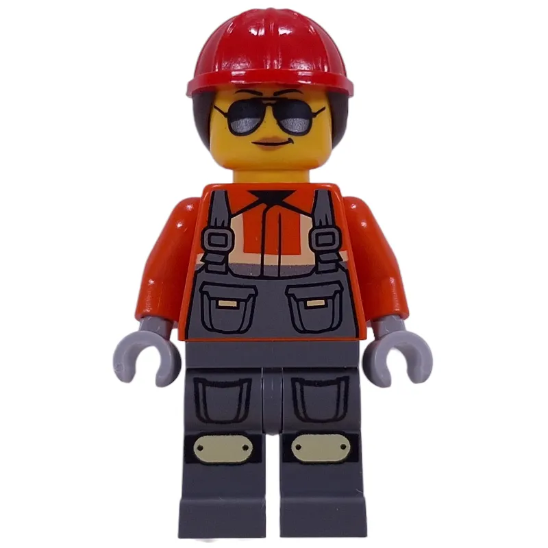 Construction Worker, Reddish Orange Safety Jacket, Red Helmet