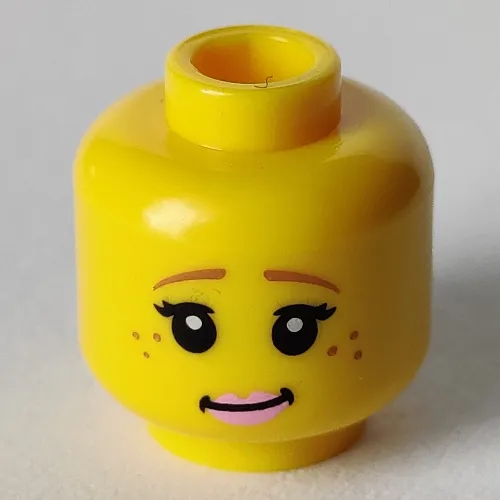 Minifig Head Unicorn Girl, Brown Eyebrows, Black Eyelashes, Freckles and Pink Lips Print [Hollow Stud]