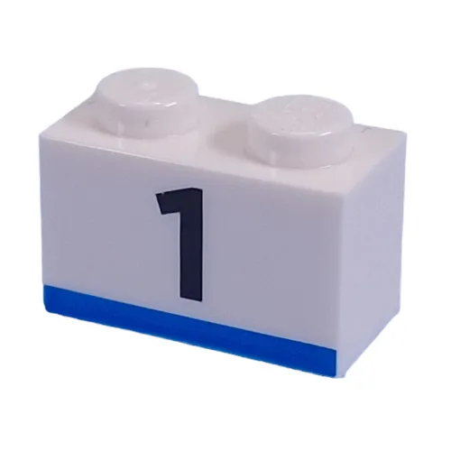 Brick 1 x 2 with Black '1', Blue Stripe print