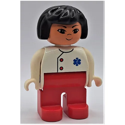 Duplo Figure, Early, Hair Bob Black, Red Legs, Two Red Buttons and Blue EMT Star of Life Print