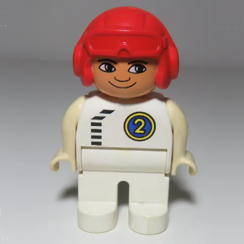 Duplo Figure, Early, Aviator Hat Red, White Legs, Top with Black Zipper and Racer #2 in Blue Circle Print