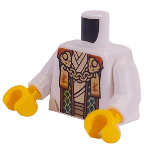 Torso, Robe, Dark Green/Gold Sash, Dark Orange Trim, Gold Chain, Asian Symbols Print, White Arms, Yellow Hands