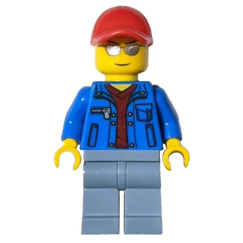 Man, Open Blue Jacket over Dark Red Shirt, Sand Blue Legs, Red Cap, Silver Sunglasses