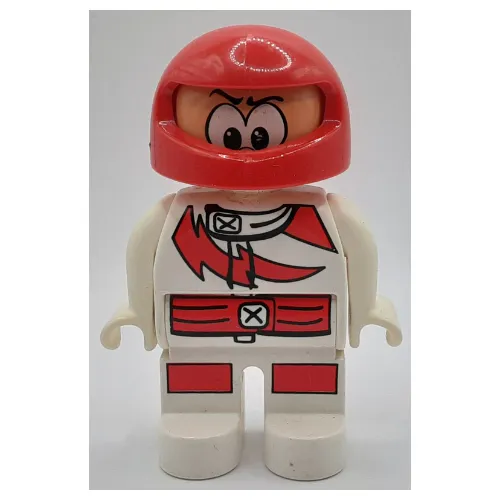 Duplo Figure, Early, Helmet Red, White Legs, Racing Suit with Red Lightning Print