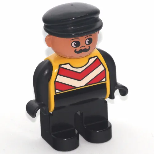 Duplo Figure, Early, with Flat Cap Black, Black Legs, Black Arms, Chevron Vest Print