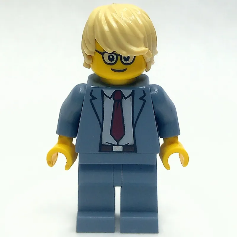 Man, Sand Blue Suit with Red Tie, Tan Hair, Glasses