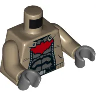 Torso Jacket over Dark Gray Armor, Red Large Bat Logo Print, Dark Tan Arms, Dark Bluish Gray Hands